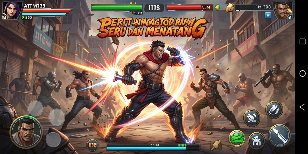 Screenshot utama ATM138 menampilkan pertarungan epik antara dua karakter.
