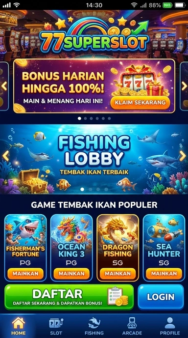 Tampilan antarmuka utama aplikasi 77superslot.